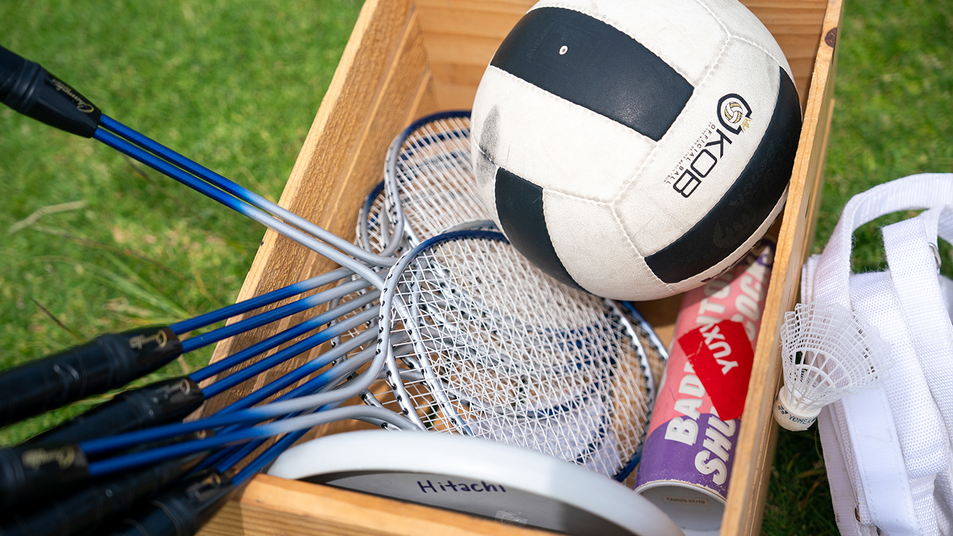 A box full of sporting equipment.