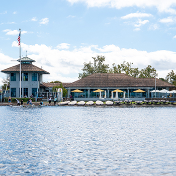 A long shot of the main buildings at shoreline lake