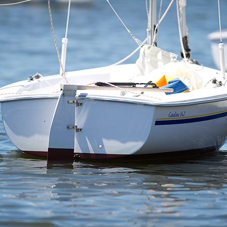 The boat name Catalina 14.2 docked at Shoreline Lake.
